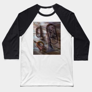 Three Old Horns On Wooden Wall Baseball T-Shirt